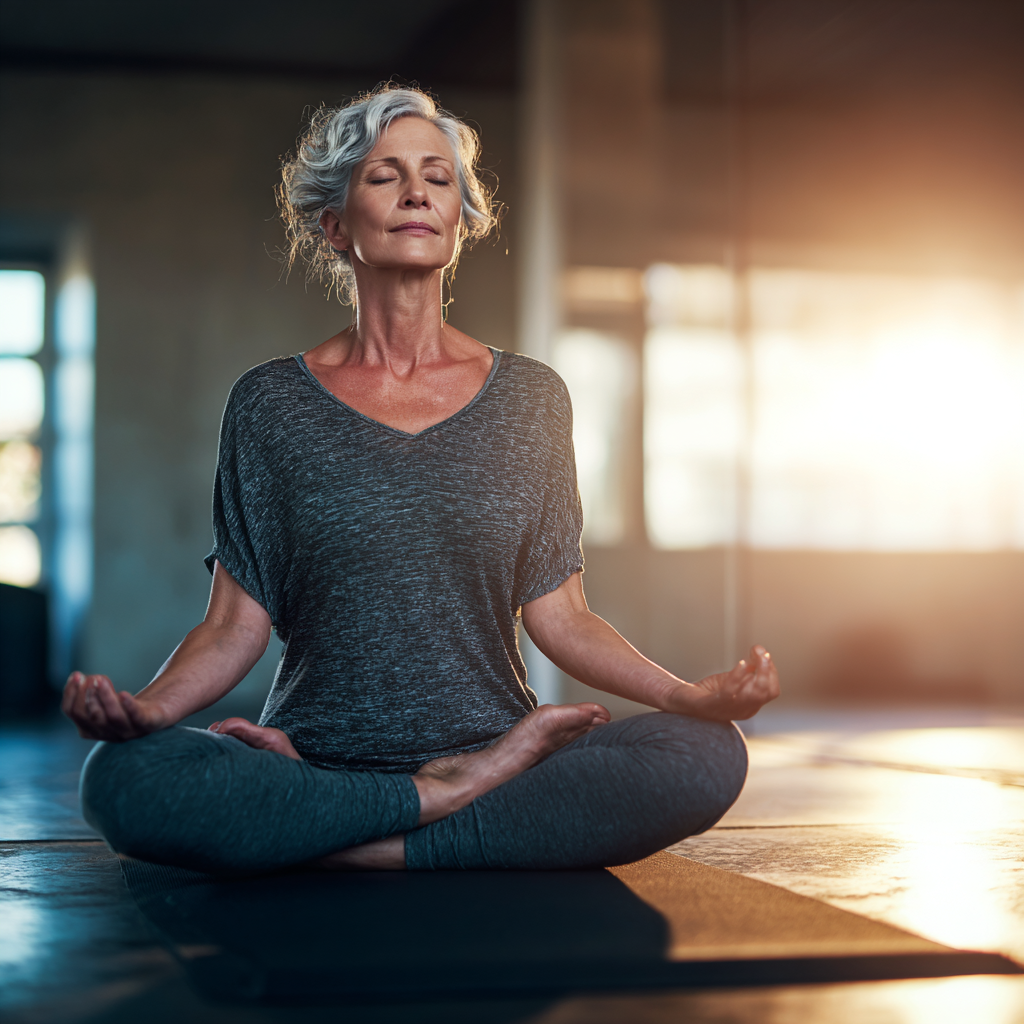Adult woman practicing yoga meditation in peaceful studio setting