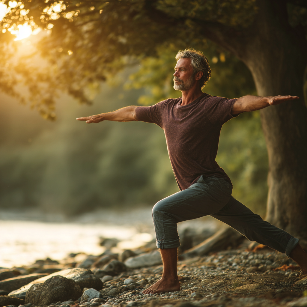 Middle-aged person practicing yoga poses in serene natural environment